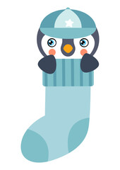 Baby boy penguin inside on blue sock