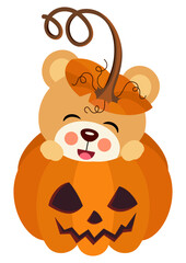 Cute teddy bear inside halloween pumpkin