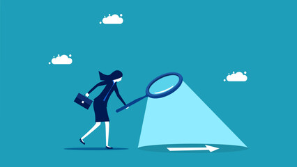 Analyze the business direction. Businesswoman using a magnifying glass to look at arrows vector