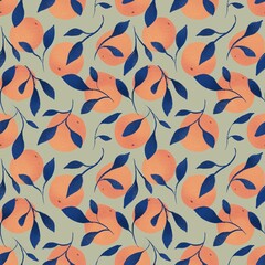 vintage seamless pattern with orange citrus and blue leaves