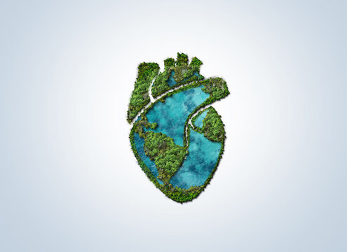 Conceptual image of green trees shaped like human heart, Green grass shaped in human heart and earth. Respiratory system. Healthy heart. grass human heart, vegetable
