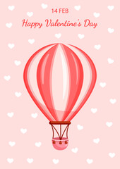 Vector illustration of a pink balloon on a background of hearts for valentine's day for postcard, textiles, decor, poster. Greeting card.