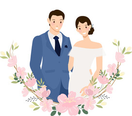 cute young wedding couple in blue suit in cherry blossom wreath flat style