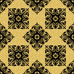 Glitter gold seamless arabesque pattern, shimmer black gold background for textile and wrapping paper