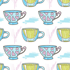 vector seamless pattern on the fun cups for tea and coffee