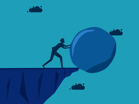 Eliminate the burden. Businessman pushing a stone down a hill. vector illustration