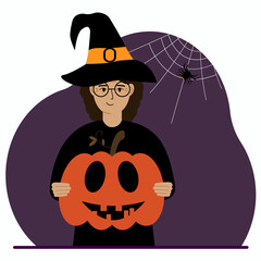 A woman in a costume for the celebration of halloween. Poster for Happy Halloween celebration.