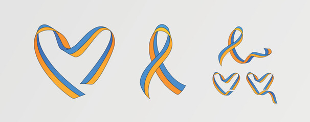 Ukrainian flag heart shaped ribbons isolated on white. Vector set.
