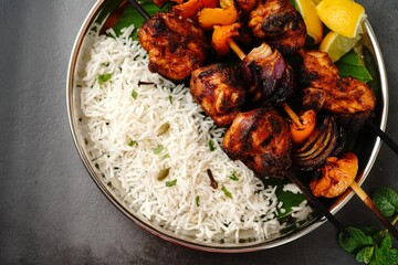Grilled chicken tikka kabab served with basmati rice overhead view