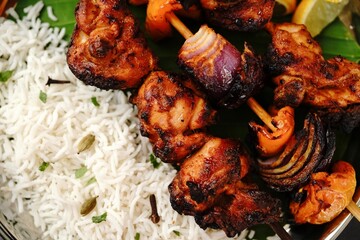 Grilled chicken tikka kebab or kababs on skewer, selective focus