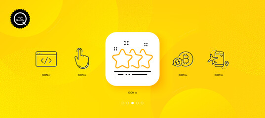 Fototapeta na wymiar Stars, Hand click and Seo script minimal line icons. Yellow abstract background. Refresh bitcoin, Flights application icons. For web, application, printing. Vector
