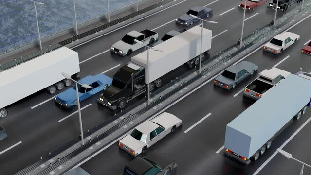 Cars driving on a bridge - rotating camera - 3D 4k animation (3840x2160 px).