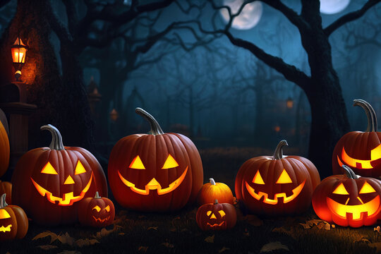 3D rendering ghost pumpkin on Halloween background.