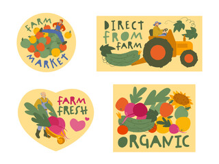 Organic food, gardening, farming stickers. Labels collection