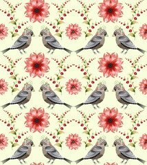 Seamless pattern with birds and flowers in folk style