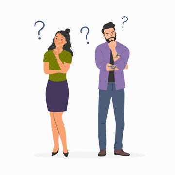 Young Woman And Man Surrounded By A Question Mark. Flat Style Cartoon Vector Illustration.