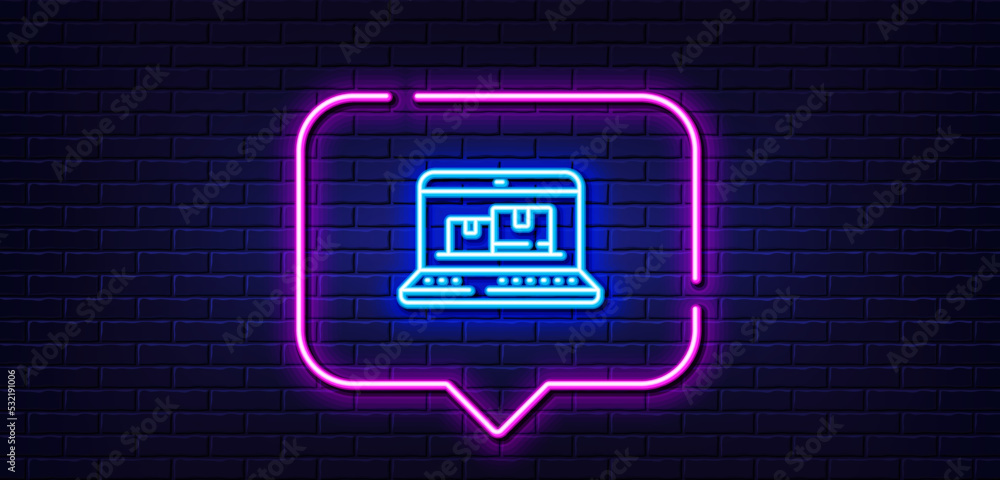 Poster neon light speech bubble. web inventory line icon. wholesale computer sign. warehouse system symbol.