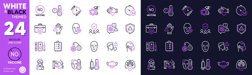 Quarantine, Shield and Coronavirus pills line icons for website, printing. Collection of Dont touch, Blood and saliva test, Vaccination schedule icons. Medical insurance, Fever. Vector