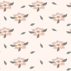 Beige floral pattern with leaves. Retro decorative botanical fashion fabric background. Vector illustration in hand drawn style. Flower design for paper, cover, fabric, interior decor.