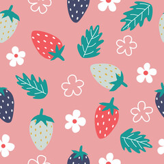 seamless strawberries pattern with strawberries ,leaves and flowers on a pink background.
