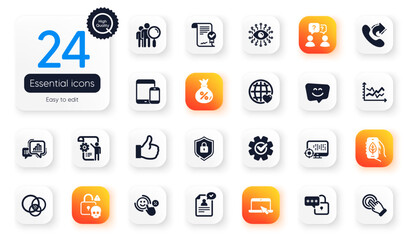 Set of Technology flat icons. Share call, Smile face and Search people elements for web application. Diagram chart, Settings blueprint, Like icons. Euler diagram, Cogwheel. Vector