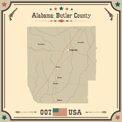 Large and accurate map of Butler county, Alabama, USA with vintage colors.