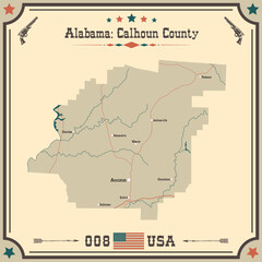 Large and accurate map of Calhoun county, Alabama, USA with vintage colors.