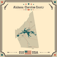 Large and accurate map of Cherokee county, Alabama, USA with vintage colors.