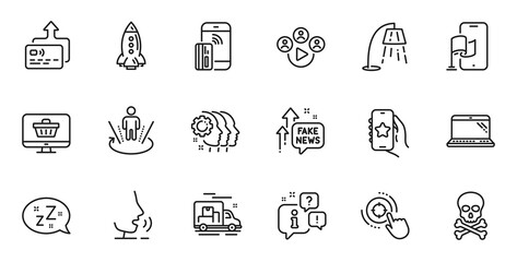 Outline set of Contactless payment, Favorite app and Fake news line icons for web application. Talk, information, delivery truck outline icon. Vector