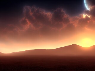 a beautiful picture of cosmic horror looming on the horizon in a desert, 3d illustration. 3d render