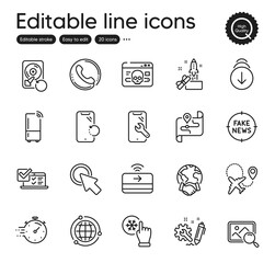 Set of Technology outline icons. Contains icons as Online survey, Cyber attack and Fake news elements. Engineering, Scroll down, Search photo web signs. Global business, Click here. Vector