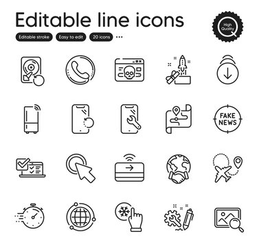 Set of Technology outline icons. Contains icons as Online survey, Cyber attack and Fake news elements. Engineering, Scroll down, Search photo web signs. Global business, Click here. Vector