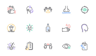 Head, Social distancing and Rubber gloves line icons for website, printing. Collection of Face biometrics, Alcohol free, Nasal test icons. Wash hands, Checklist, Serum oil web elements. Vector