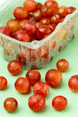 Grapes in container on a plain Green background