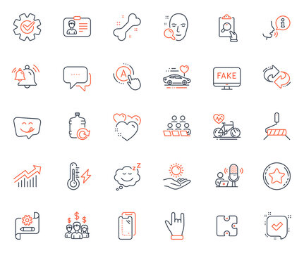 Business icons set. Included icon as Face search, Bell and Heart web elements. Refresh, Dog bone, Cogwheel icons. Cardio bike, Honeymoon travel, Message web signs. Puzzle. Vector