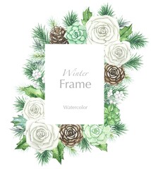 Winter floral frame with white roses, succulents, spruce branches
