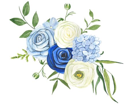 Floral arrangement with blue and white flowers and green leaves on a white background, watercolor