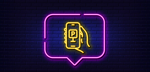 Neon light speech bubble. Parking app line icon. Hand hold phone sign. Cellphone with screen notification symbol. Neon light background. Parking app glow line. Brick wall banner. Vector