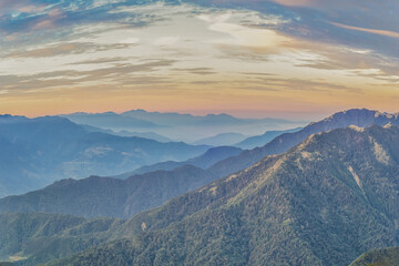 Landscape View Of The Holy Ridge And Nanhu Zhongyangjian Mountain With Amazing Sunriset On The Peak of Tao Mountaion, Wuling Quadruple Mountains Trail, Shei-Pa National Park, Taiwan