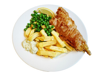 Fish and chips with peas on a plate  isolated on transparency photo png file 