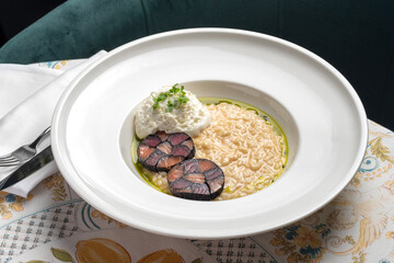 risotto fish salmon, Main course rice with seafood, menu concept. food background.