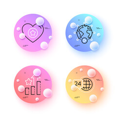 Video conference, Heart and 24h service minimal line icons. 3d spheres or balls buttons. Ranking stars icons. For web, application, printing. Online meeting, Star rating, Call support. Vector