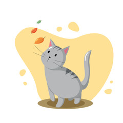 The postcard cat with leaves. Autumn atmosphere. Vector illustration