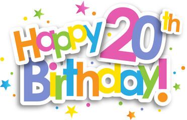 Colorful HAPPY 20th BIRTHDAY! banner with stars on transparent background