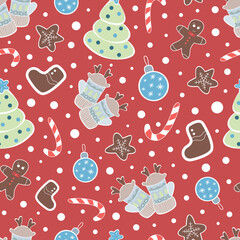 seamless winter color pattern with Christmas tree toys, ginger cookies, caramel cane and mittens with deer antlers