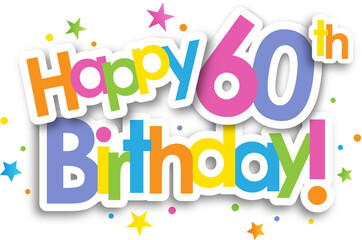 Colorful HAPPY 60th BIRTHDAY! banner with stars on transparent background - 532194837