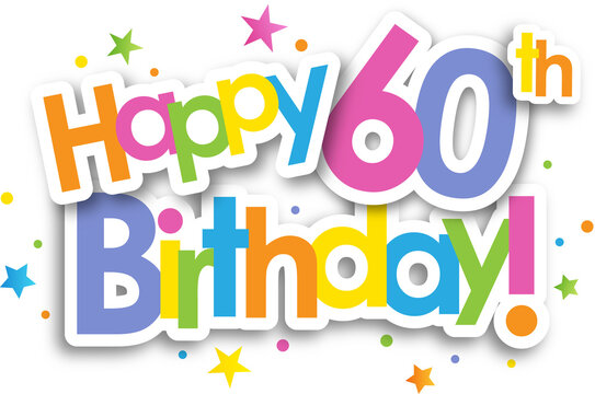 Colorful HAPPY 60th BIRTHDAY! banner with stars on transparent background