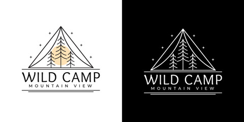 Mountain wild camp logo. Pine evergreen fir pinus tree forest. Simple line art logo vector.