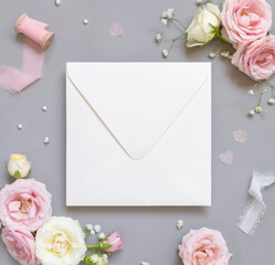 Blank square envelope between pink roses and pink silk ribbons on grey top view, wedding mockup