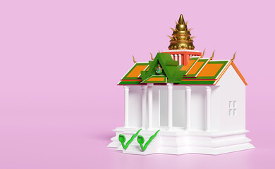 3d thai temple, castle with giant head and snake isolated on pink background. 3d render illustration, clipping path